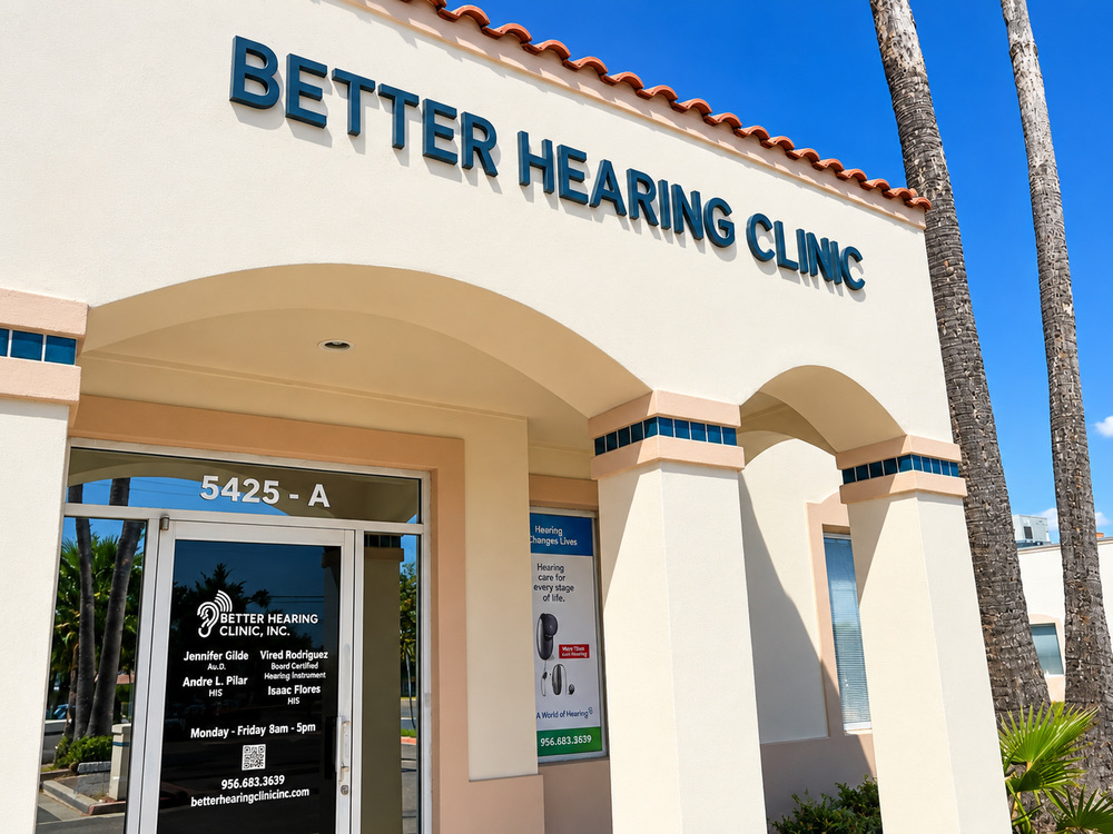 Front entrance of Better Hearing Clinic at 5425 N McColl Rd, Suite A, in the Dove Pointe center in McAllen, TX