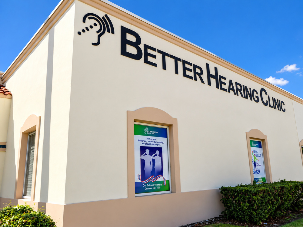 Better Hearing Clinic building exterior with veterans and balance care window posters in McAllen, TX