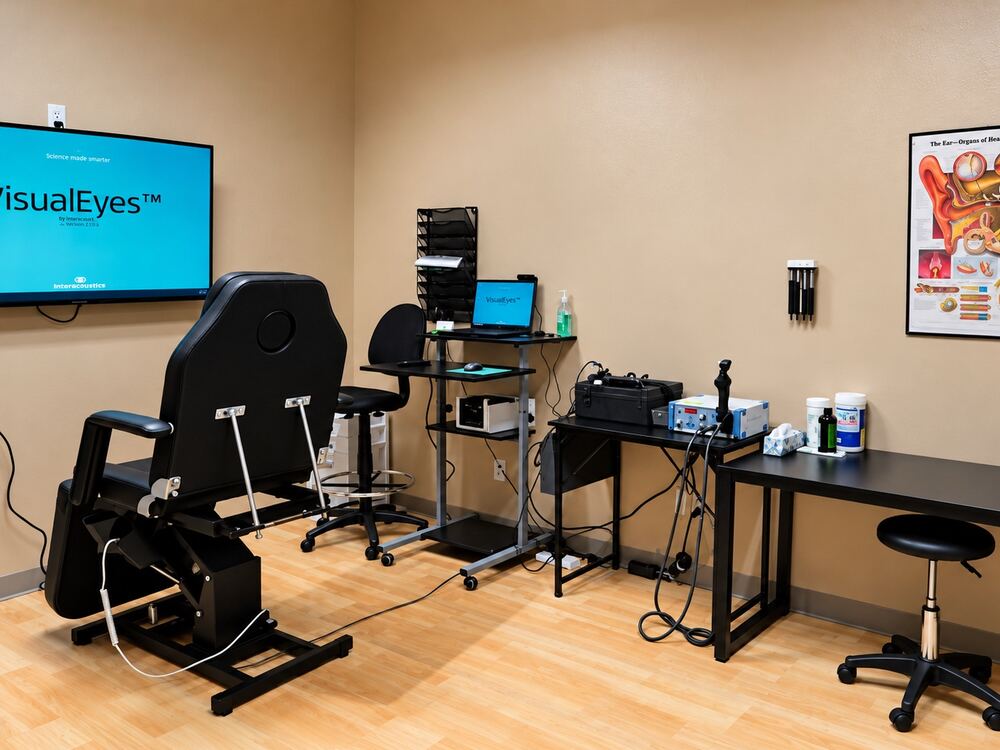 VNG balance testing room with rotary exam chair and diagnostic equipment at Better Hearing Clinic in McAllen, TX