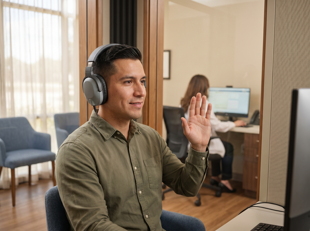 Doctor of Audiology conducting a Border Patrol audiometric hearing test at Better Hearing Clinic in McAllen, TX
